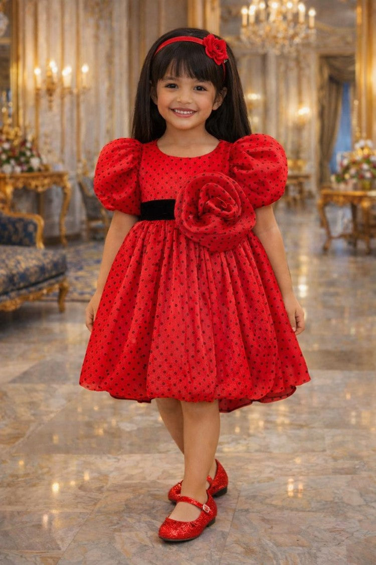 Cherry – Red Flared Polka Dress with Statement Rosette