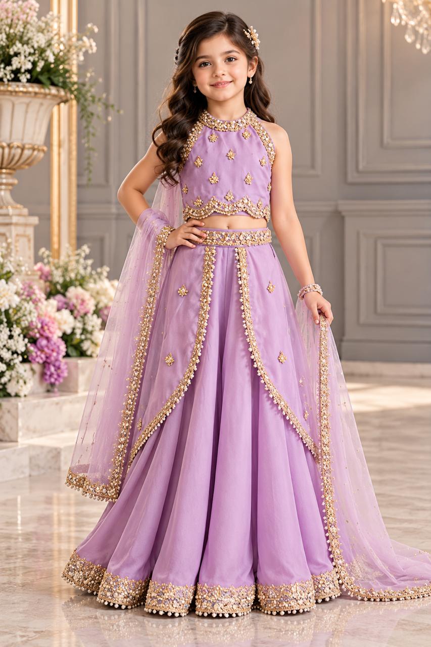 Tarangini Lavender Hand-Embroidered Roman Silk Indo-Western Lehenga Set