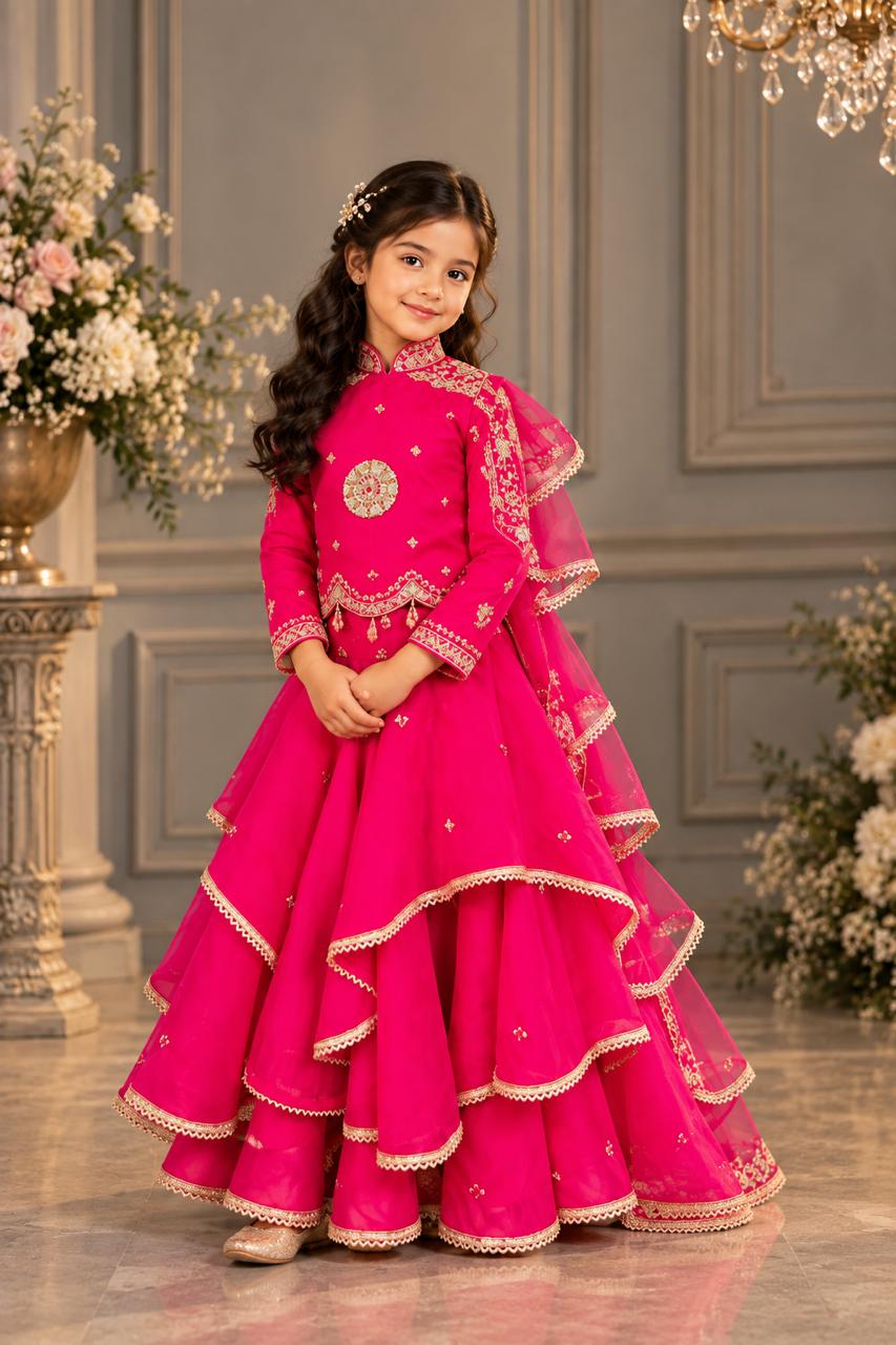 Tejasvi Deep Pink High-Neck Embroidered Layered Indo-Western Set