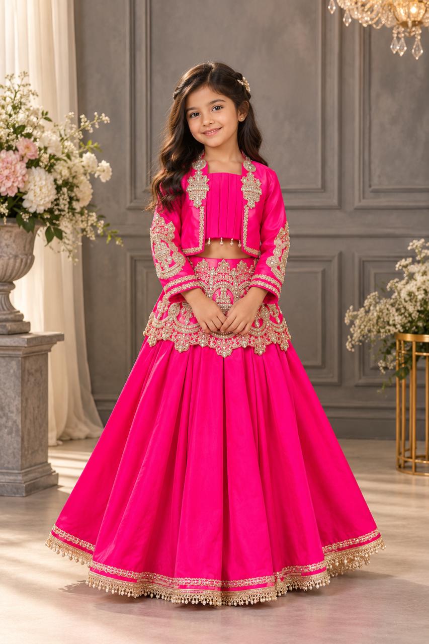 Rajkumari Rani Pink Hand-Embroidered Jacket Lehenga Set