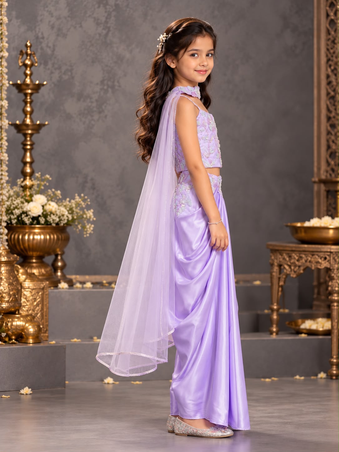Lilac Meadow Hand-Embroidered Dhoti-Lehenga Set with Dupatta