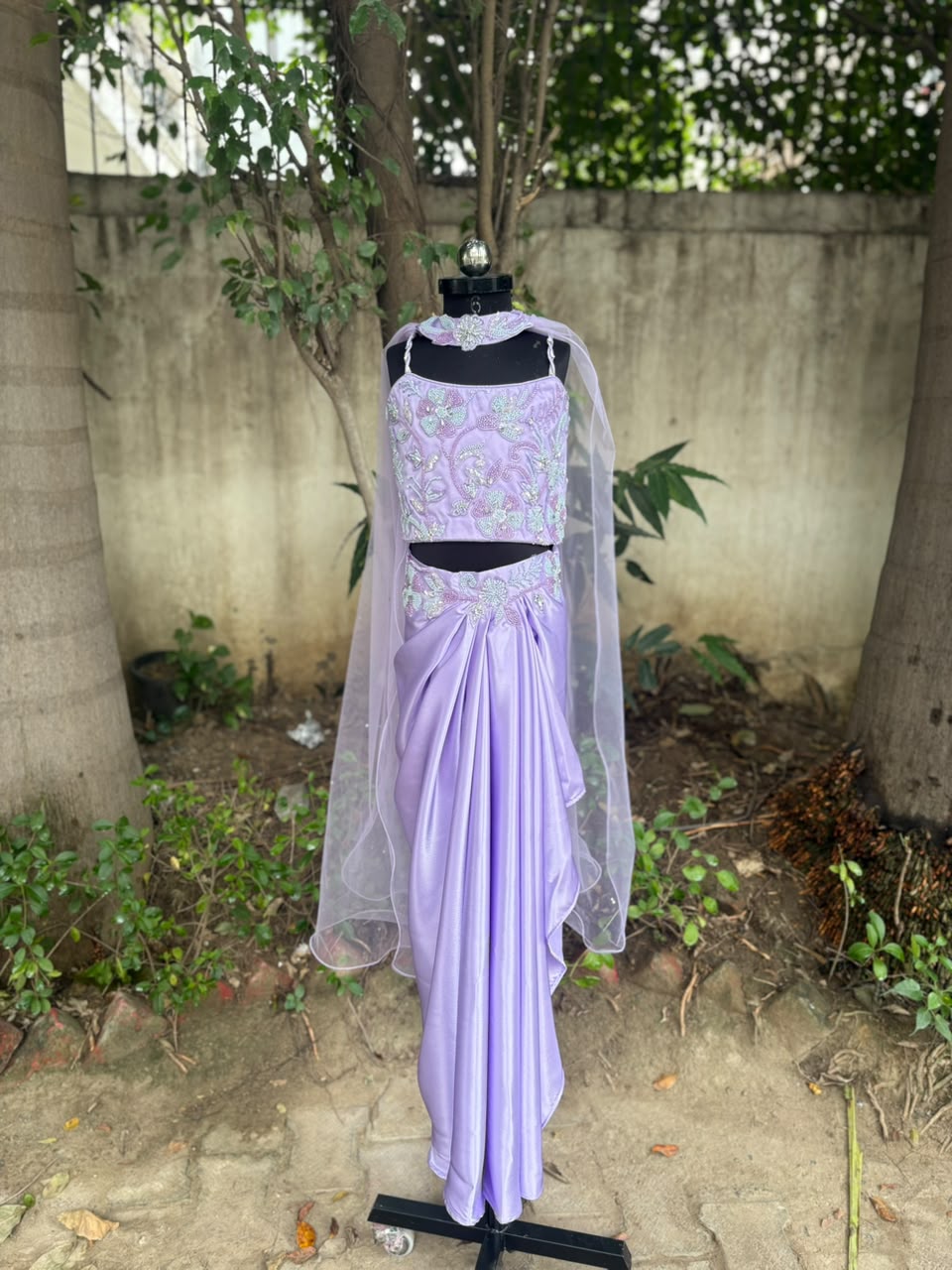 Lilac Meadow Hand-Embroidered Dhoti-Lehenga Set with Dupatta