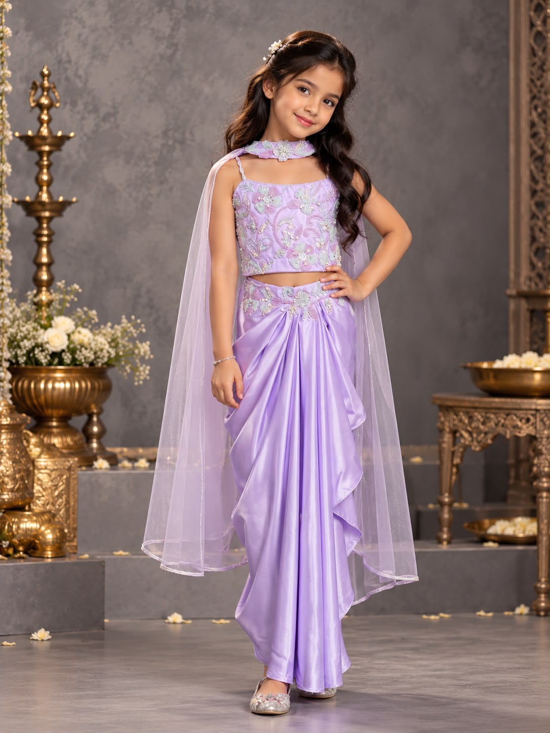 Lilac Meadow Hand-Embroidered Dhoti-Lehenga Set with Dupatta