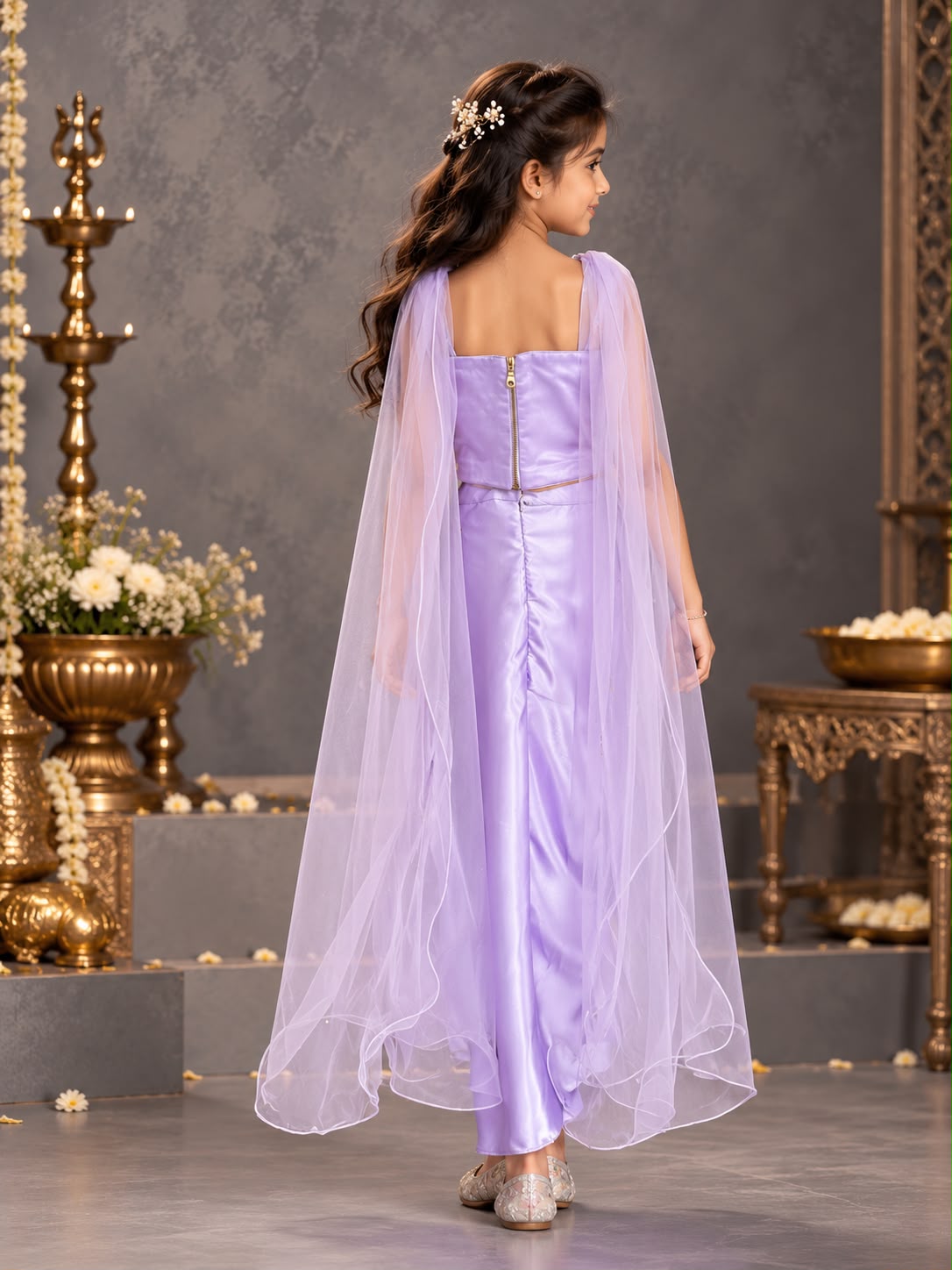 Lilac Meadow Hand-Embroidered Dhoti-Lehenga Set with Dupatta